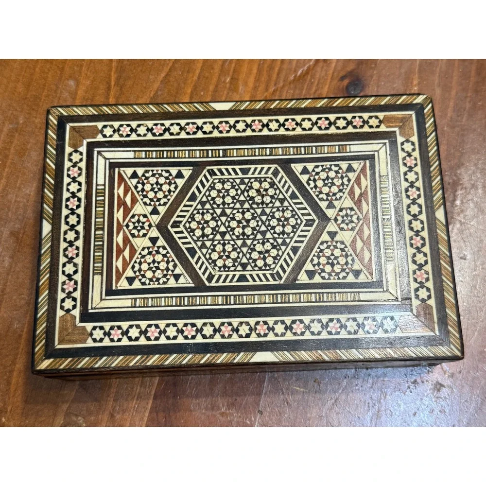 VTG Sadeli Mosaic Wood Inlay Jewelry Box Middle Eastern Marquetry Trinket